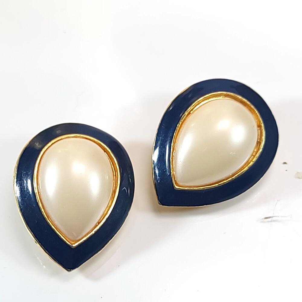 Vintage Navy and Gold Clip-on Earrings, Pearl Center, Retro Teardrop Design